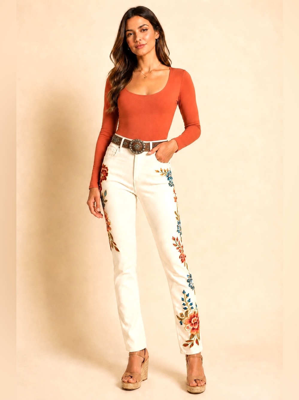 Driftwood Gizelle Embroidered White Denim Straight Leg Jeans Floral Pants - Picture 8 of 16